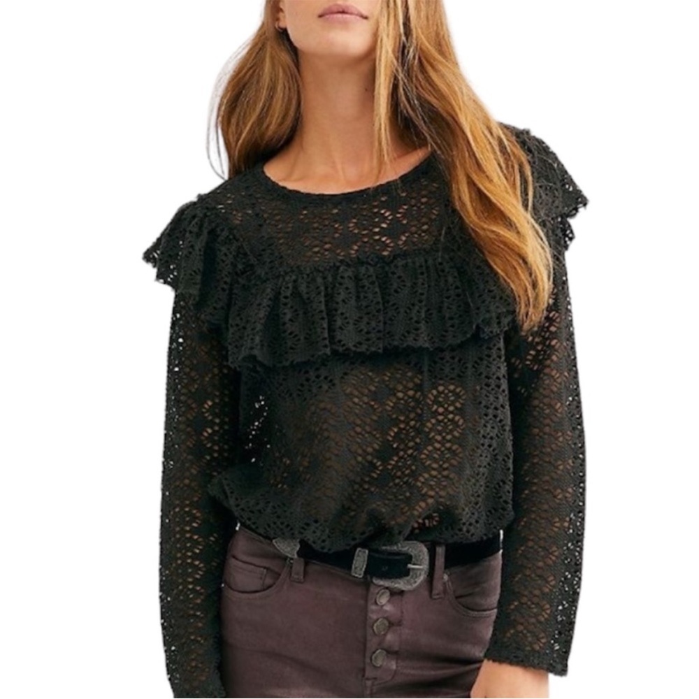 Free People FP Beach Feel The Love Black Crochet Long Sleeve Ruffle Top Small